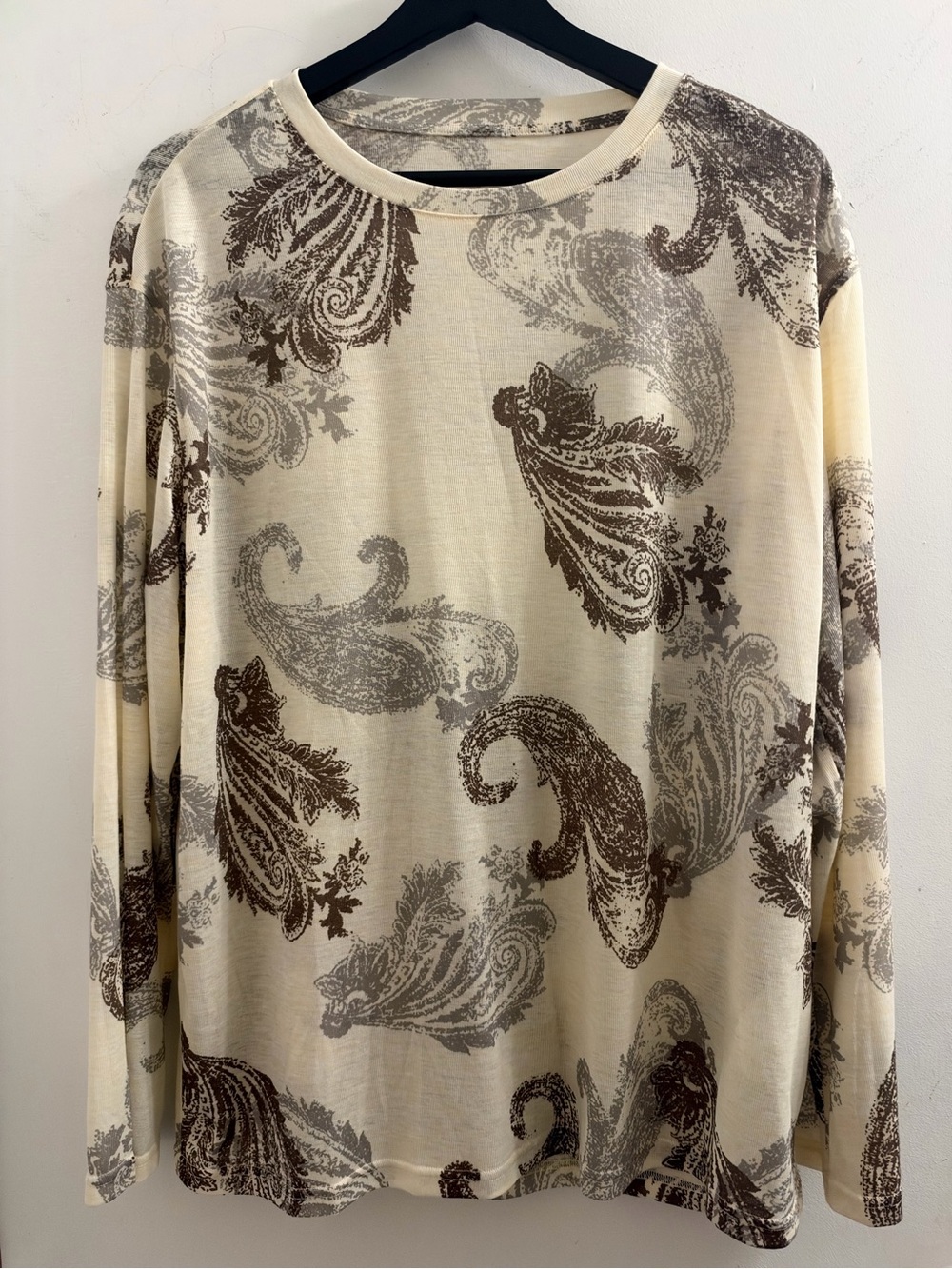 Cream Brown Paisley Print Sheer Long Sleeve Top Size L